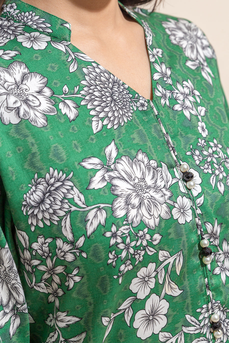 Beechtree - 3 PIECE - PRINTED COTTON SATIN SUIT WITH PRINTED SHAWL - MEADOW GREEN (UNSTITCHED)