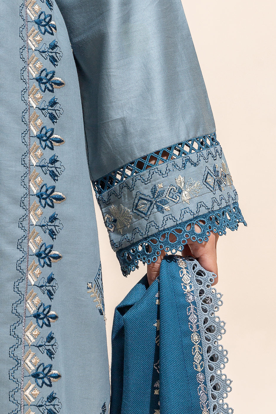 Beechtree - 3 PIECE - EMBROIDERED COTTON SATIN SUIT - DUSTY SKY (UNSTITCHED)