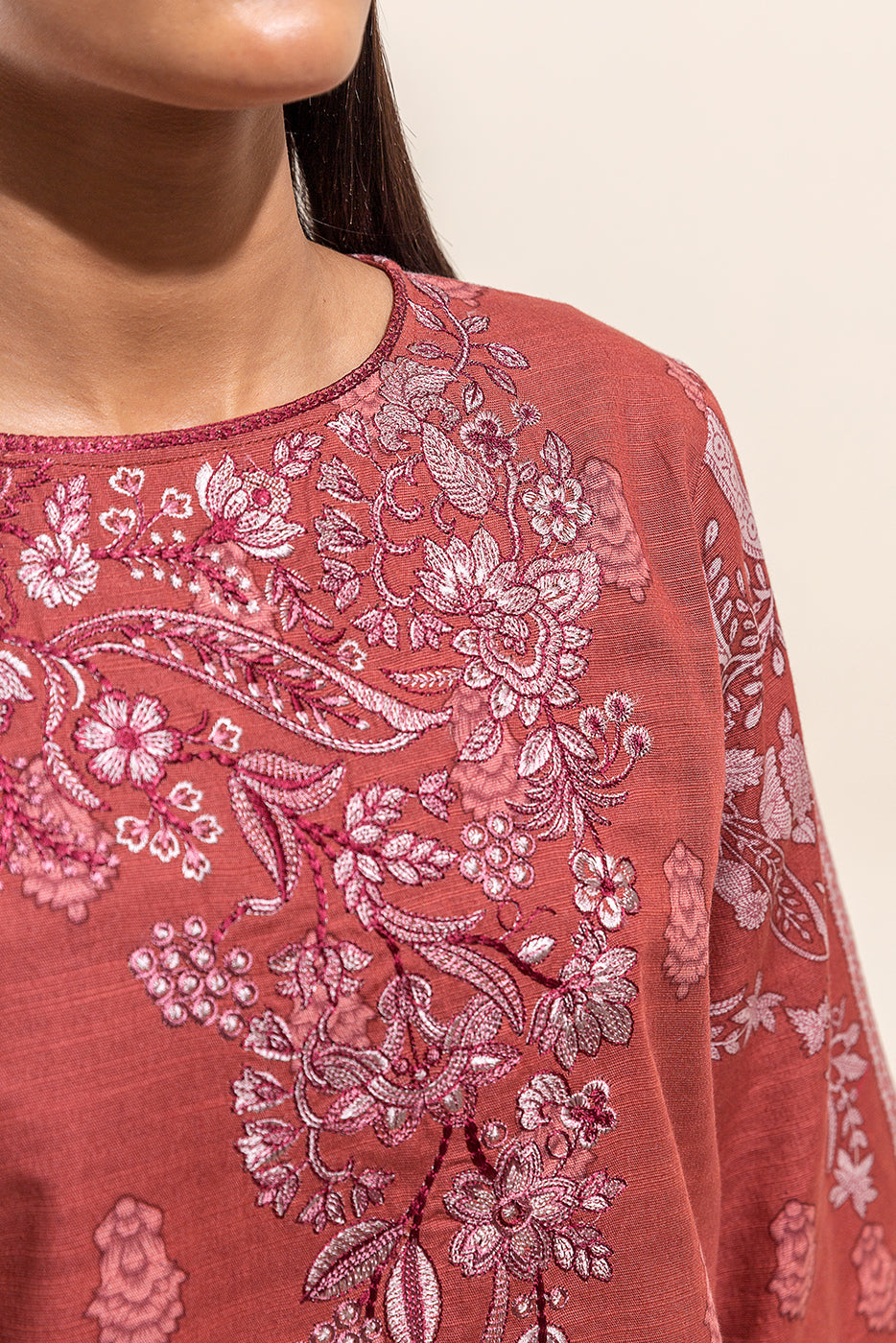 Beechtree - 3 PIECE - EMBROIDERED KHADDAR SUIT - MAHOGANY DESIRE (UNSTITCHED)