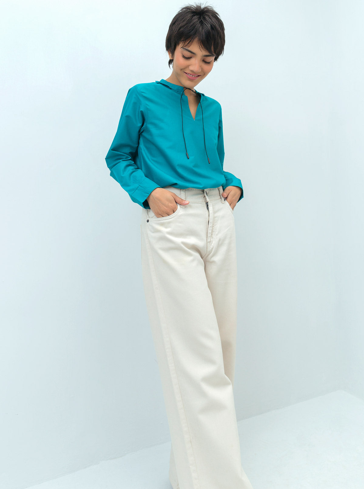Beechtree - Bright Teal Frill Neckline Top