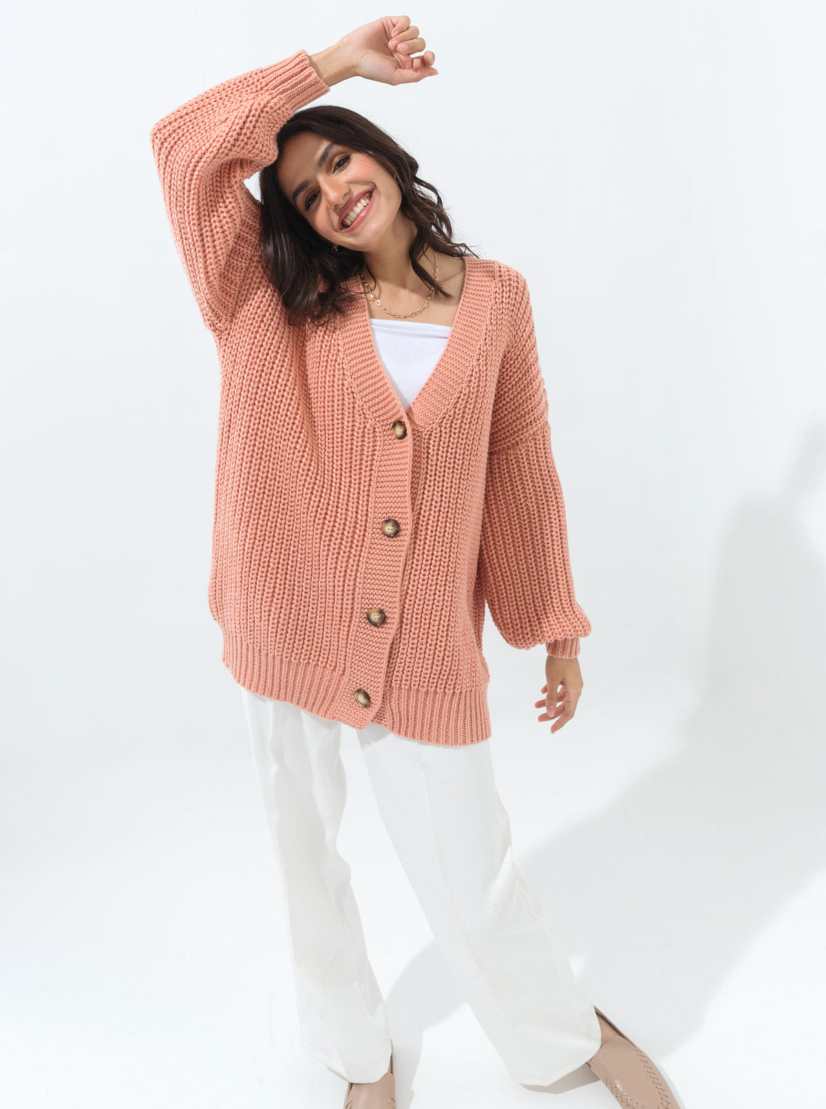 Beechtree - Blush Pink Oversized V-Neck Cardigan