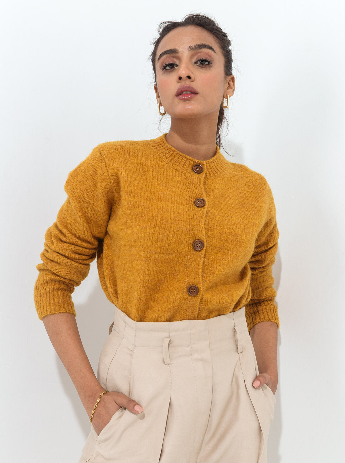 Beechtree - Mustard Wooden Button Cardigan