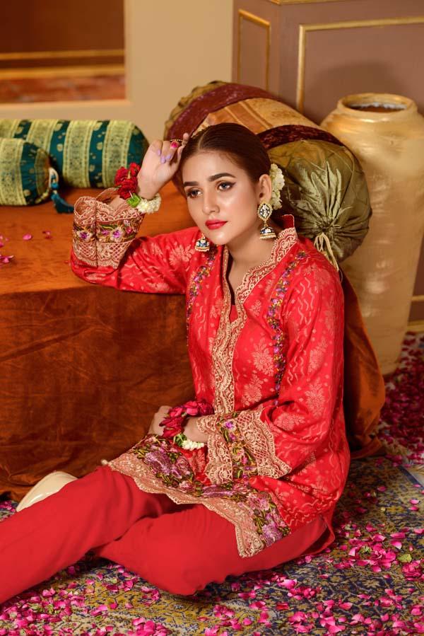 Adan's Libas - Cranberry - Embroidered Jacquard Shirt