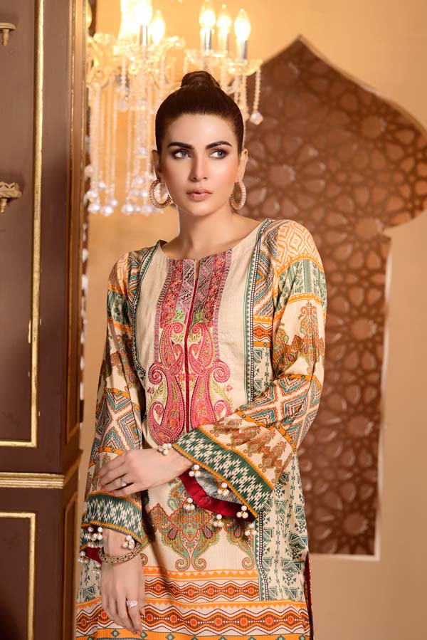 Adan's Libas - Colonial White - Digital Printed and Embroidered Mesuri Lawn Kurti
