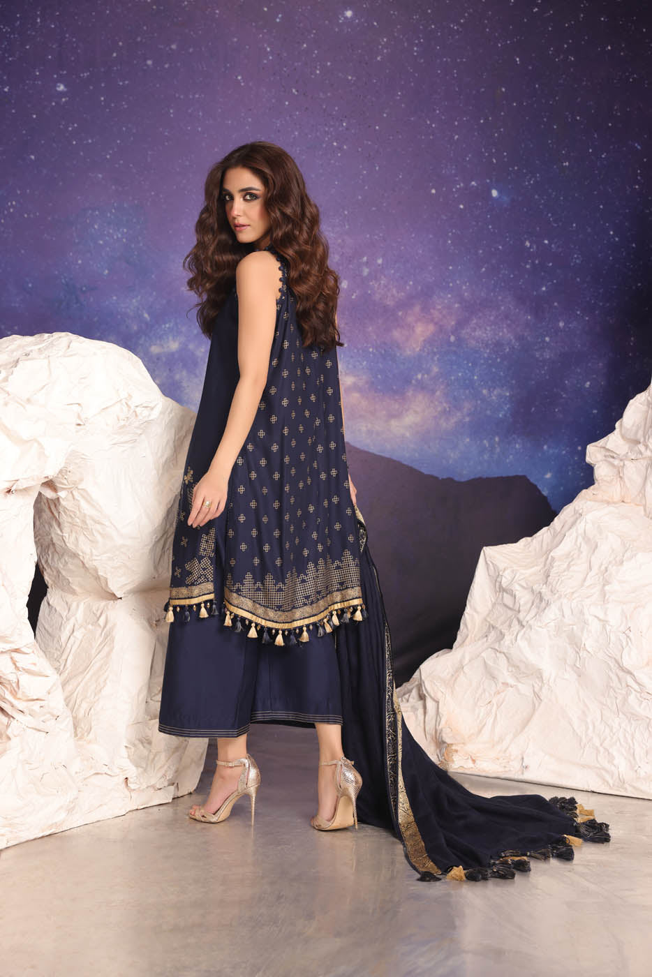 3 Pc Embroidered Twill Viscose Suit With Shawl