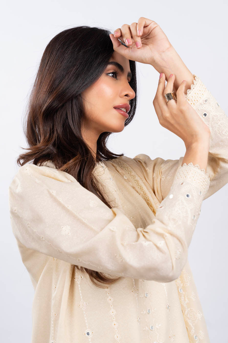 3 Pc Embroidered Karandi Suit With Chiffon Dupatta