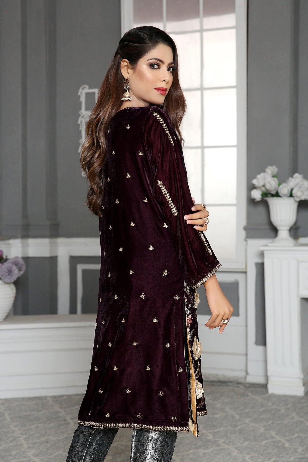 Adan's Libas - Chrysan - Embroidered Velvet Unstitch Kurti