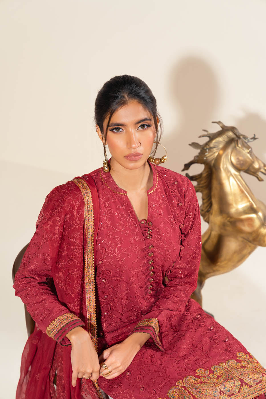 3 Pc Embroidered Khaddar Suit With Bamber Dupatta