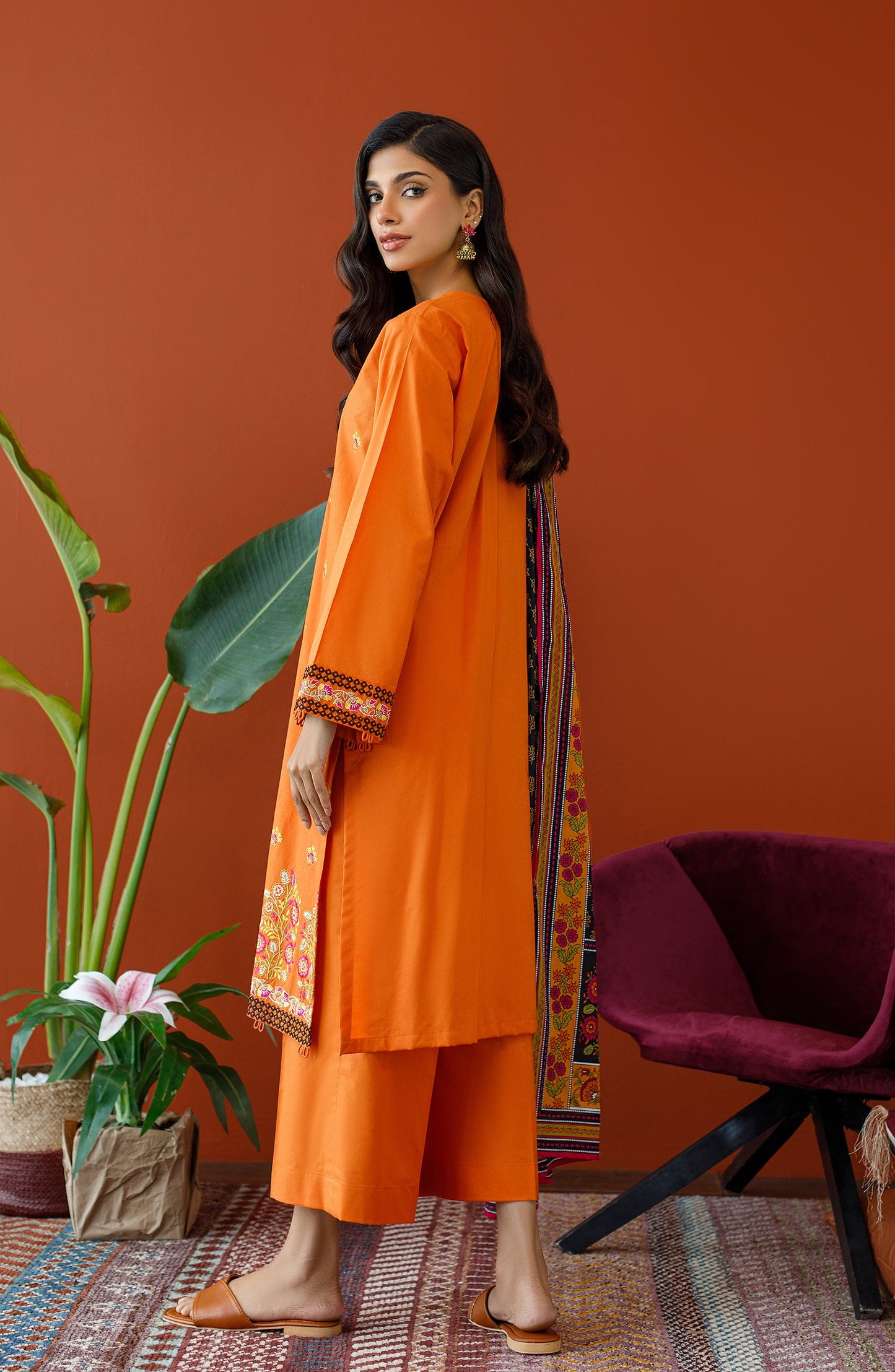 Orient - Stitched 3 Piece Embroidered Cambric Shirt , Cambric Pant and Lawn Dupatta