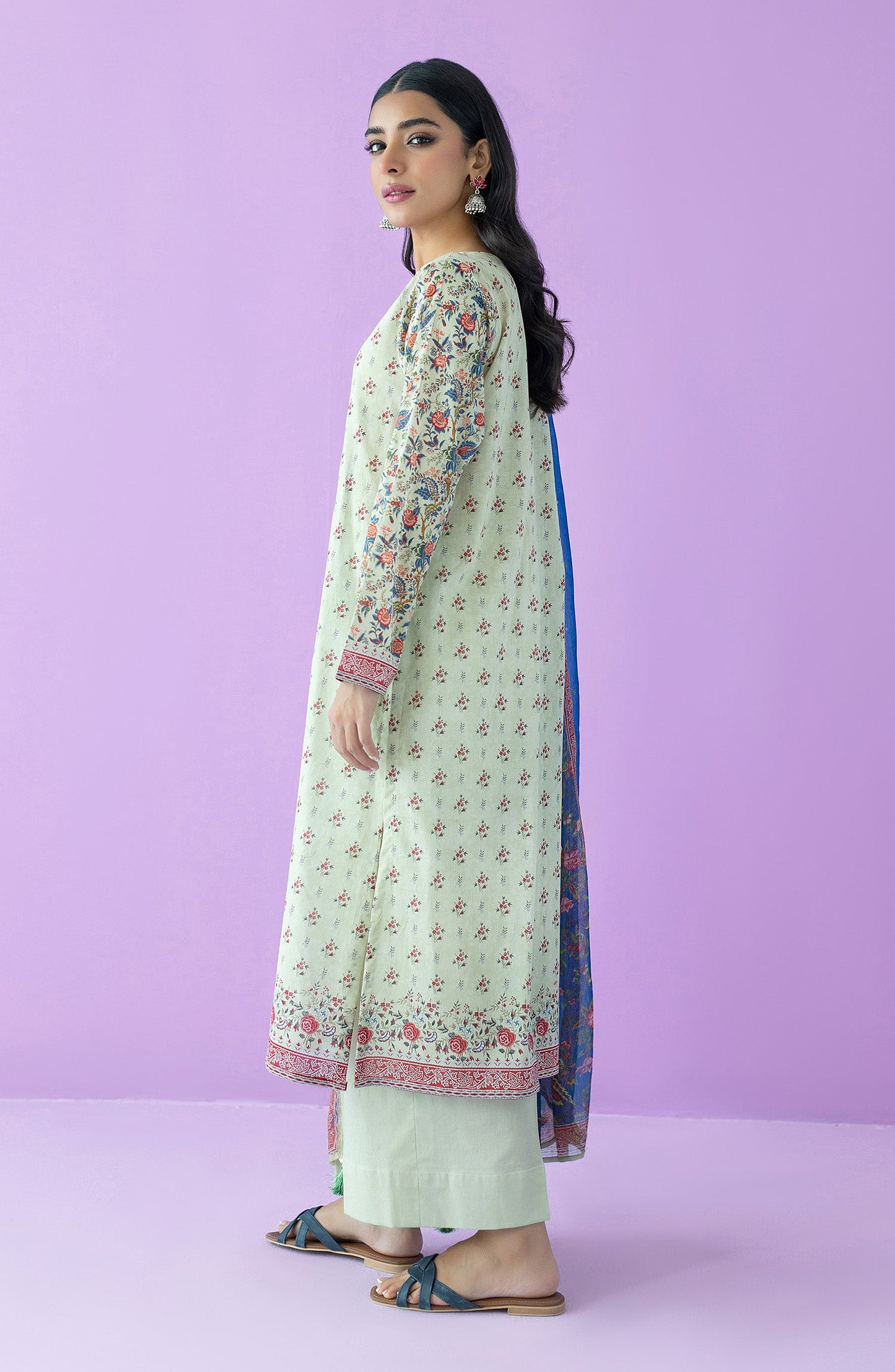 Orient - Unstitched 3 Piece Embroidered Lawn Shirt , Cambric Pant and Chiffon Dupatta