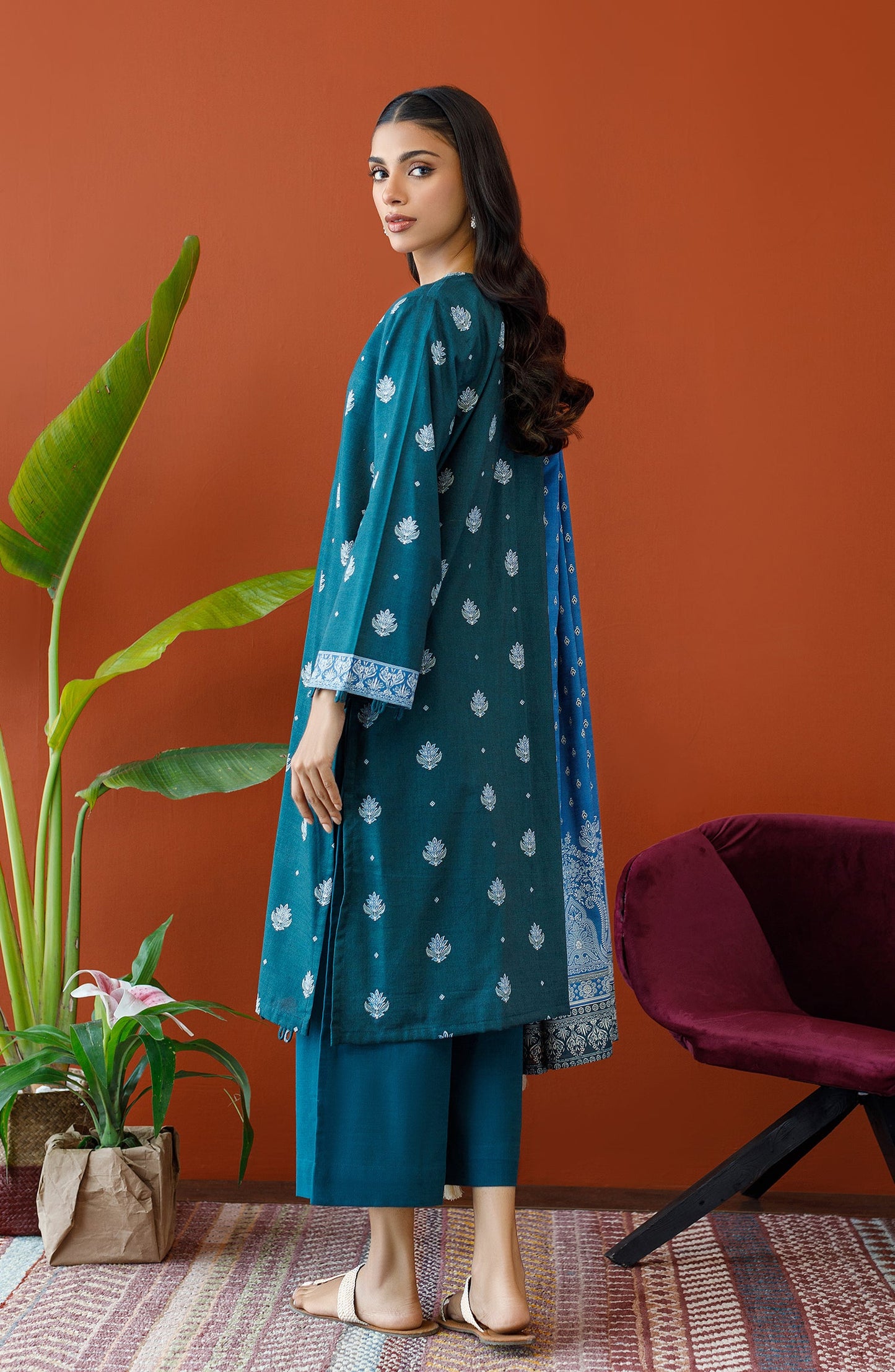 Orient - Stitched 3 Piece Embroidered Khaddar Shirt , Khaddar Pant and Khaddar Dupatta