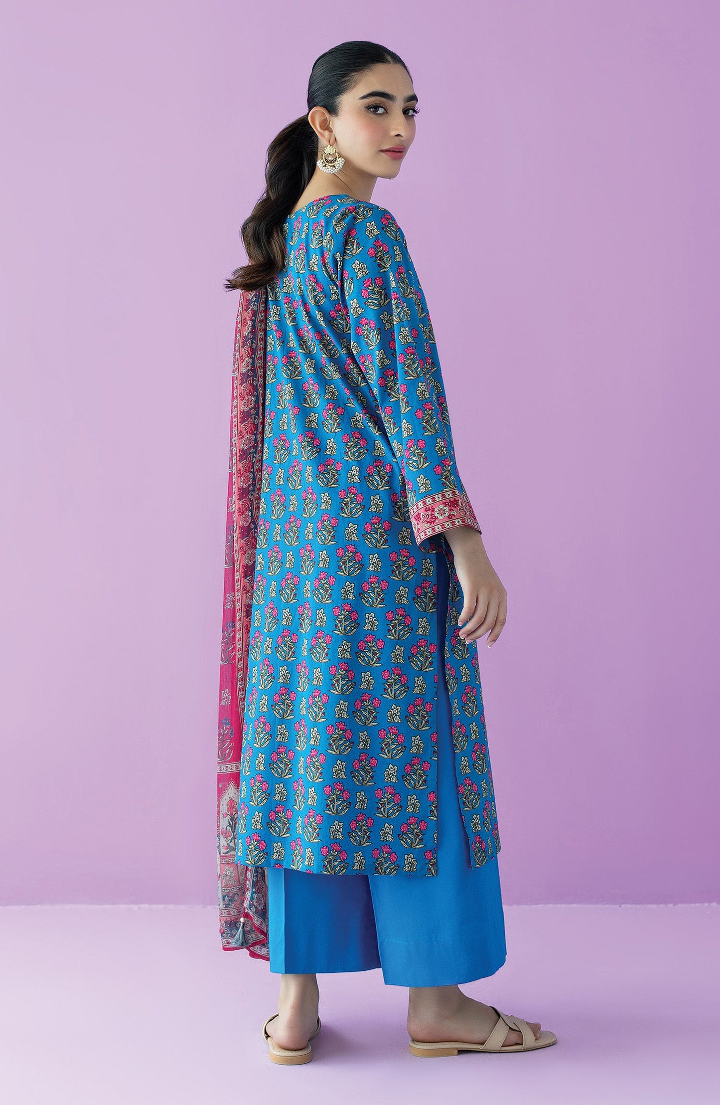 Orient - Unstitched 3 Piece Embroidered Lawn Shirt , Cambric Pant and Chiffon Dupatta