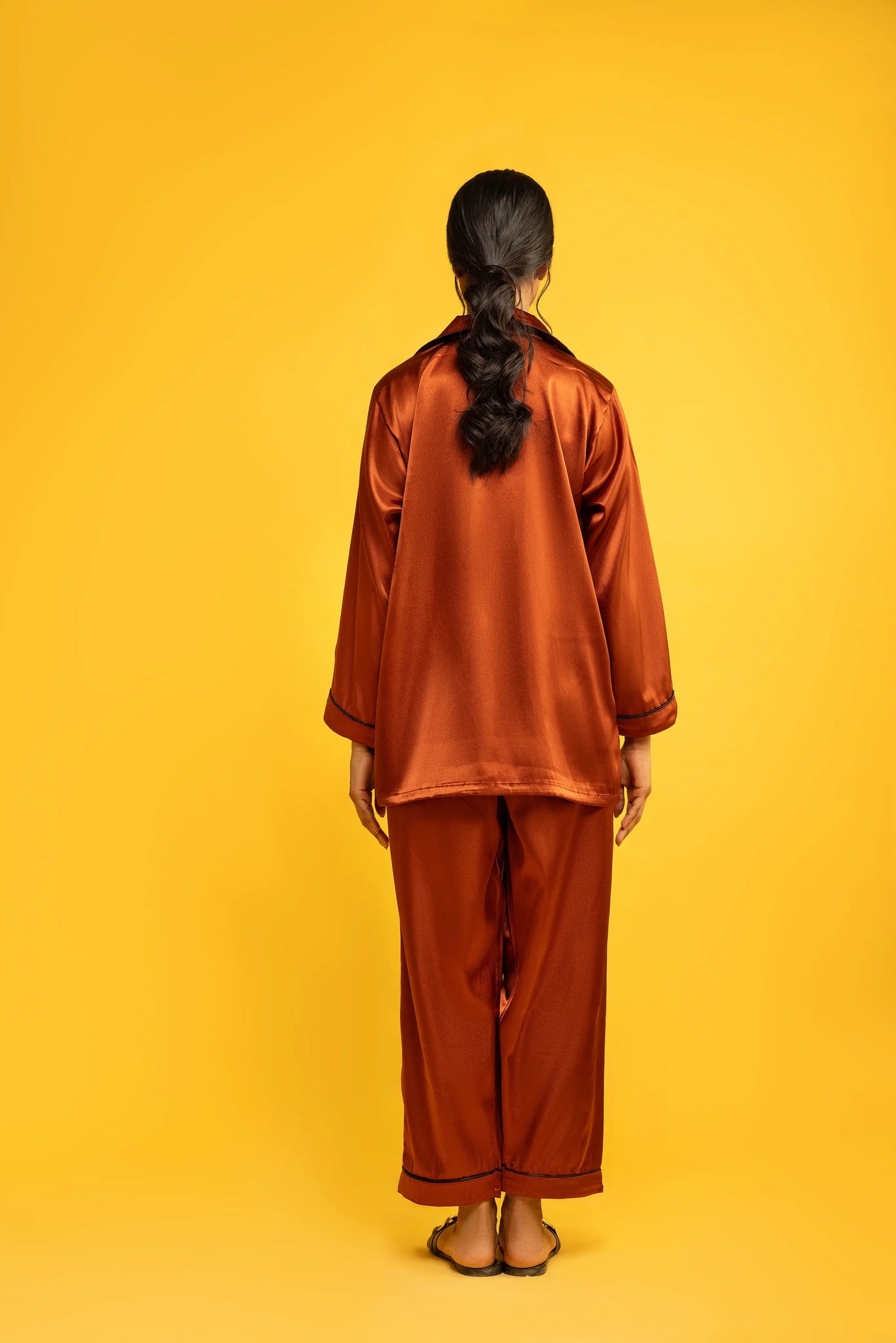 Decuir - Rust Silk Satin Women‘s Pajamas Set Notched Collar Top & Wide Leg Long Pants 2 Pieces Loungewear