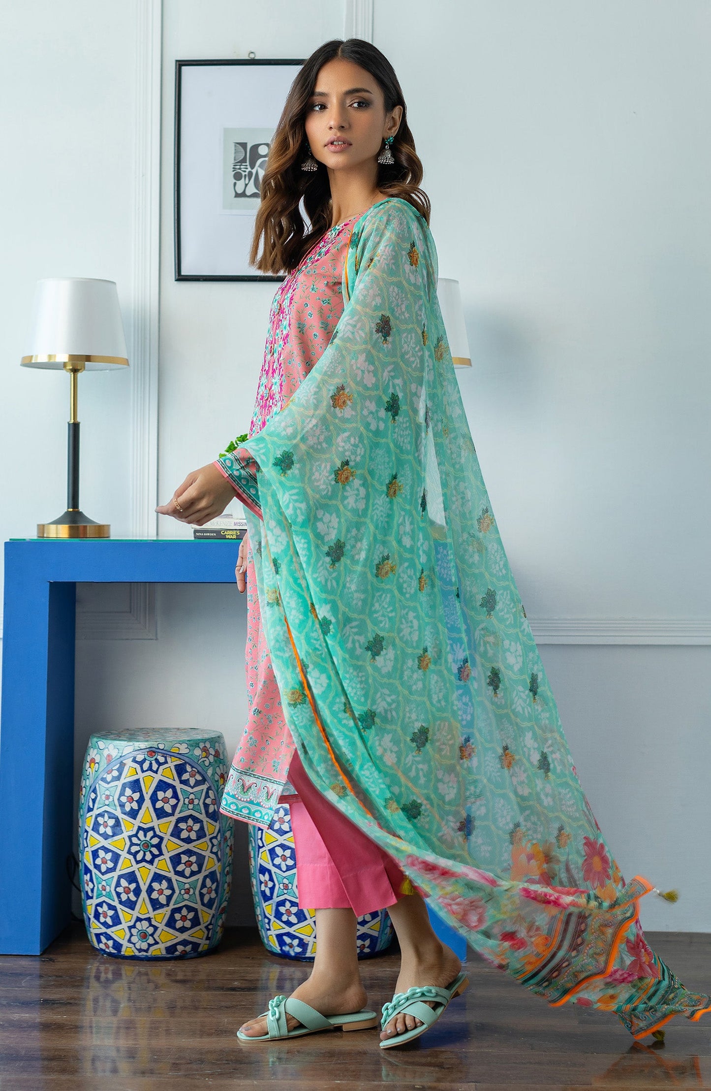 Orient - Unstitched 3 Piece Embroidered Lawn Shirt , Cambric Pant and Bimber Chiffon Dupatta