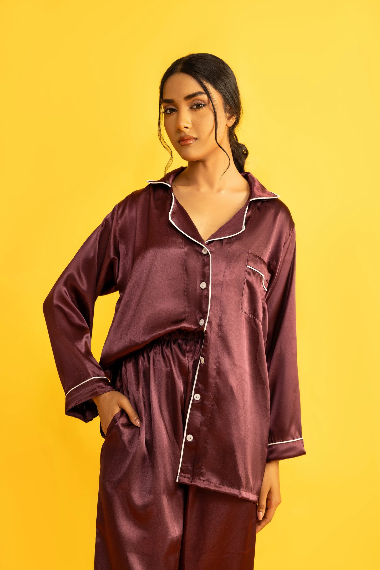 Decuir - Purple Silk Satin Women‘s Pajamas Set Notched Collar Top & Wide Leg Long Pants 2 Pieces Loungewear