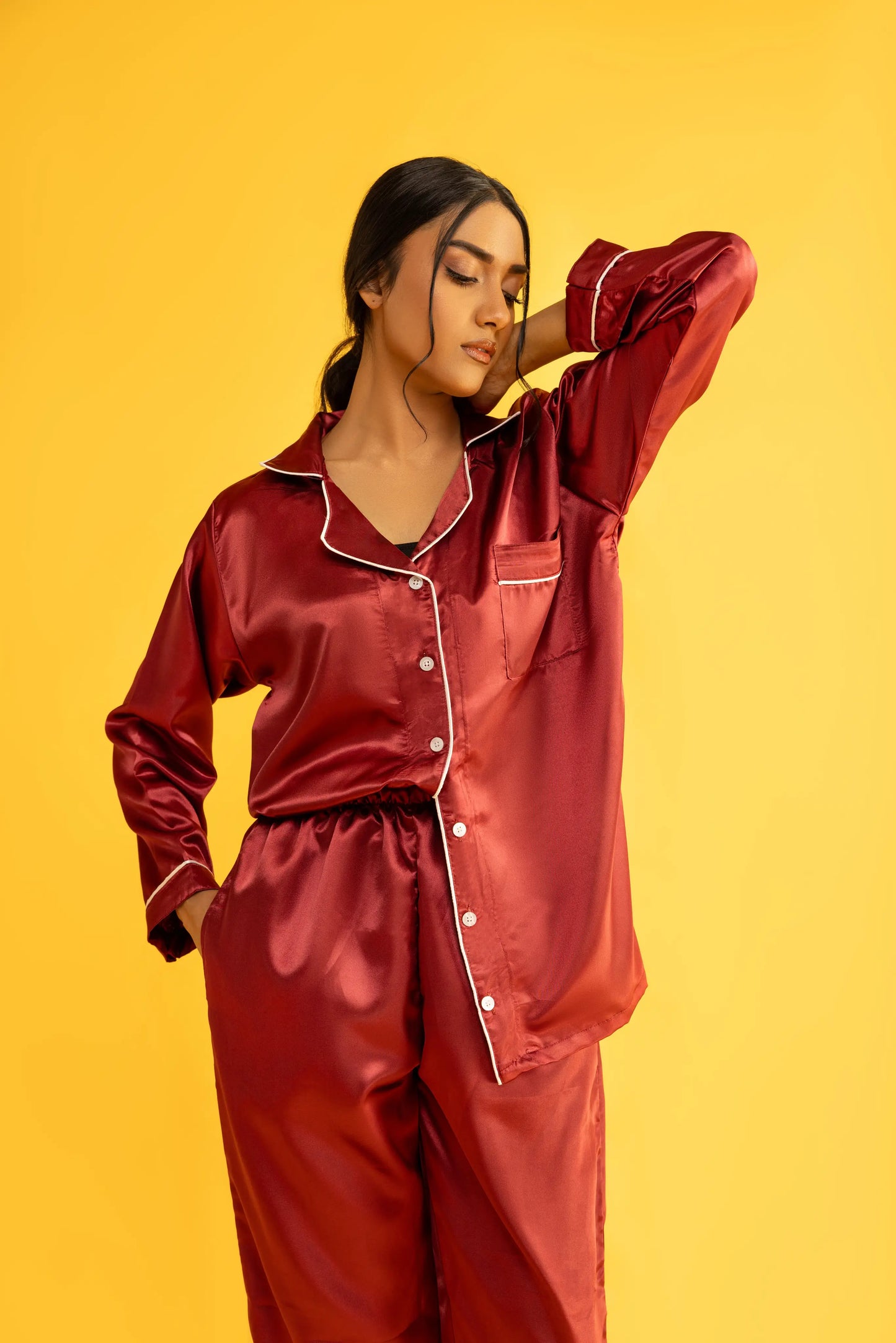 Decuir - Blood Maroon Silk Satin Women‘s Pajamas Set Notched Collar Top & Wide Leg Long Pants 2 Pieces Loungewear