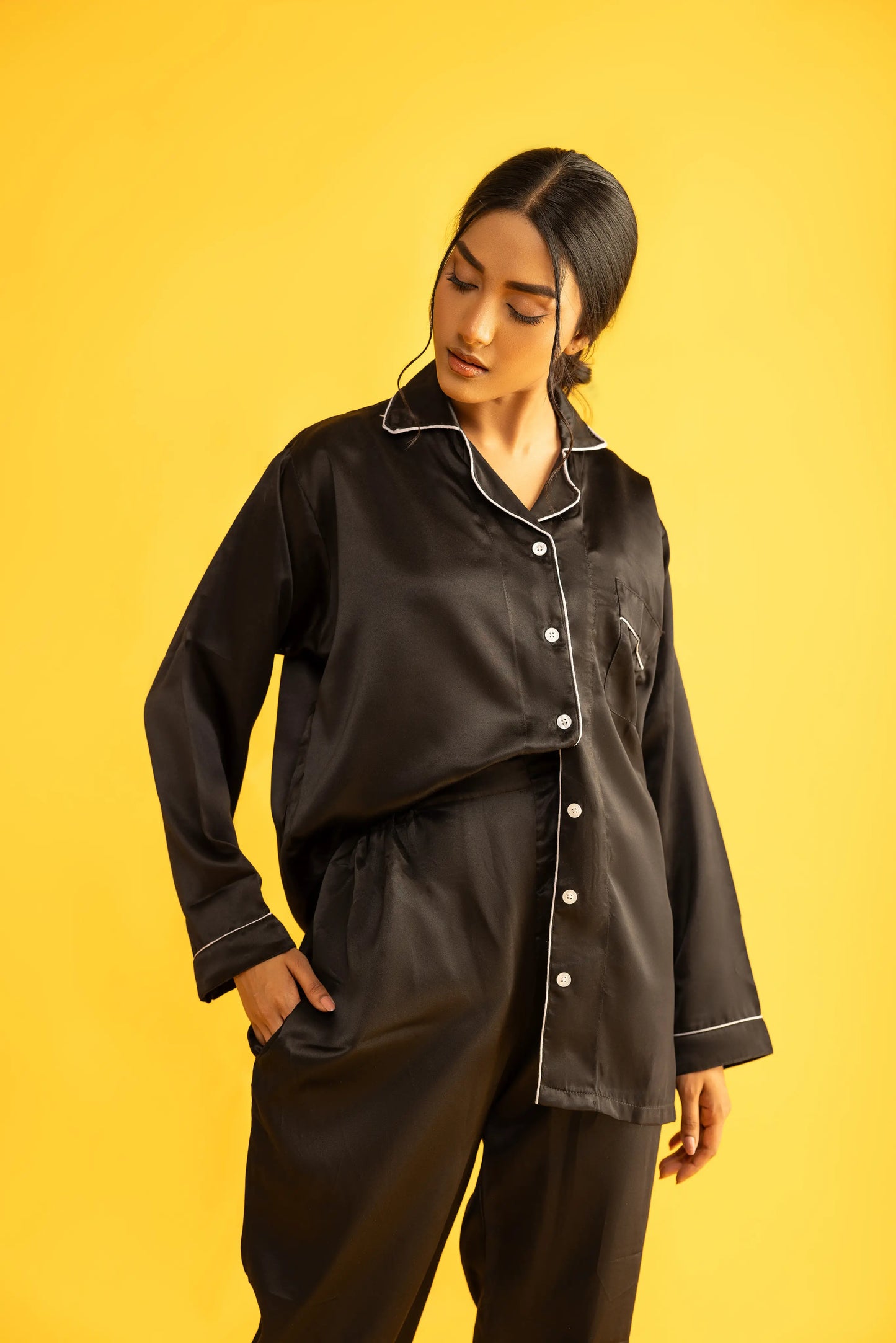 Decuir - Black Silk Satin Women‘s Pajamas Set Notched Collar Top & Wide Leg Long Pants 2 Pieces Loungewear
