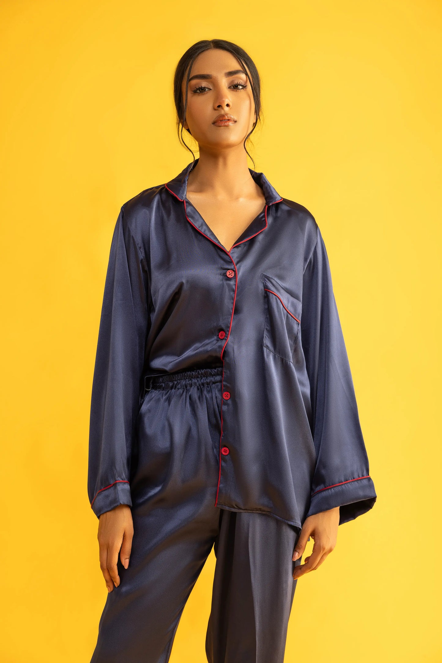 Decuir - Blue Silk Satin Women‘s Pajamas Set Notched Collar Top & Wide Leg Long Pants 2 Pieces Loungewear