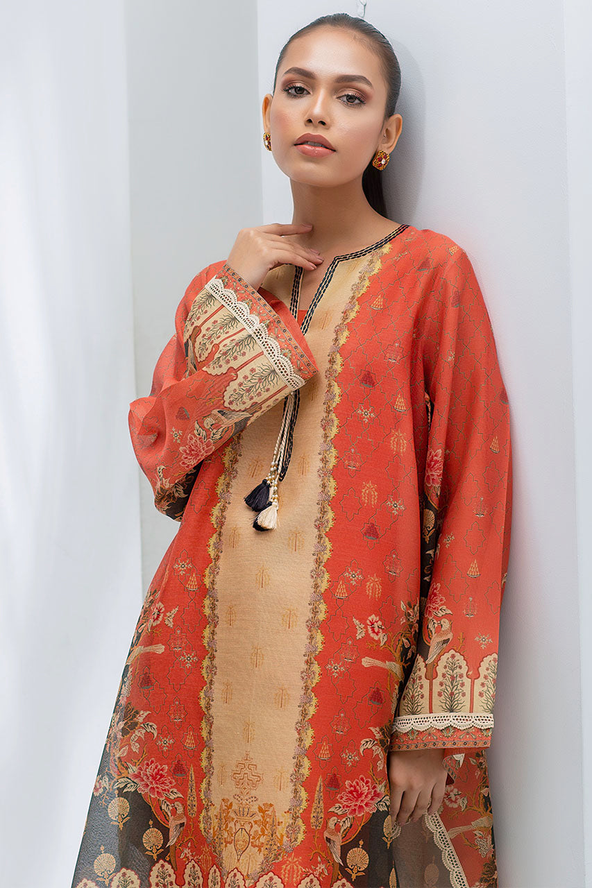 Crimson Cotton Net Digitally Printed Kurta With Printed Silk Dupatta