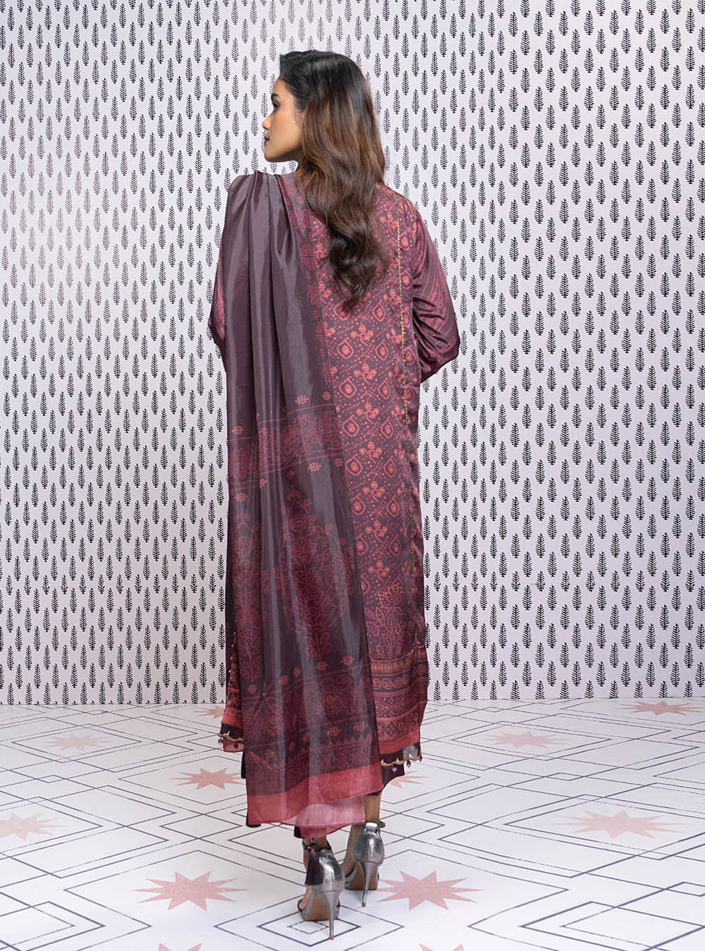 Three Piece Embroidered Chamois Silk Suit With Tissue Silk Dupatta