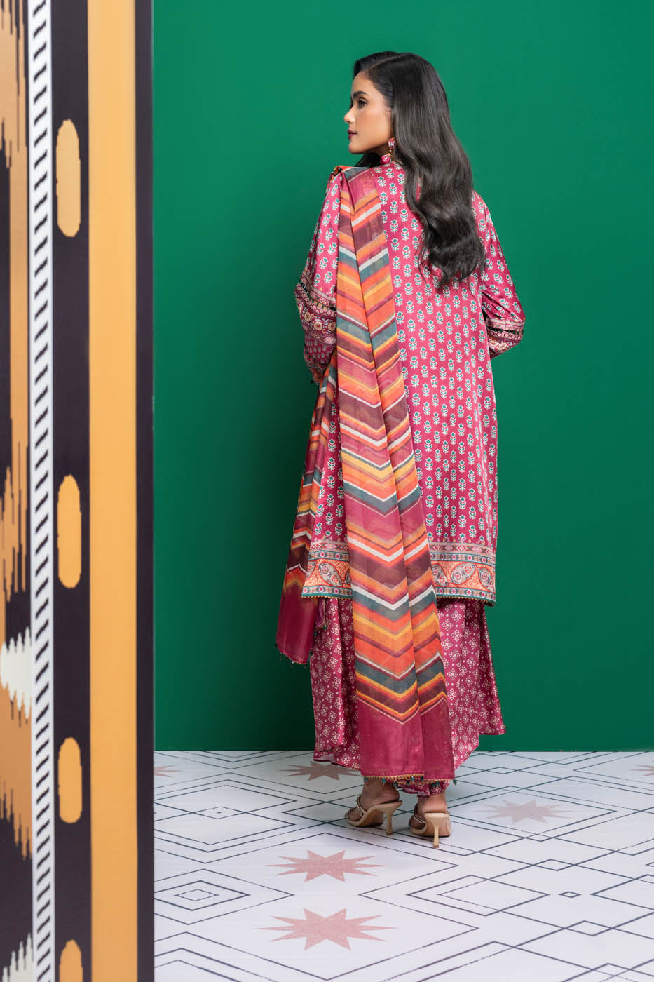3 Pc Embroidered Chamois Silk Suit With Tissue Silk Dupatta
