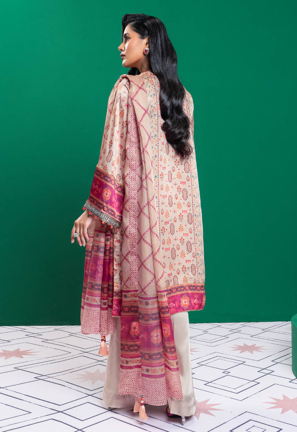 Three Piece Embroidered Chamois Silk Suit With Tissue Silk Dupatta