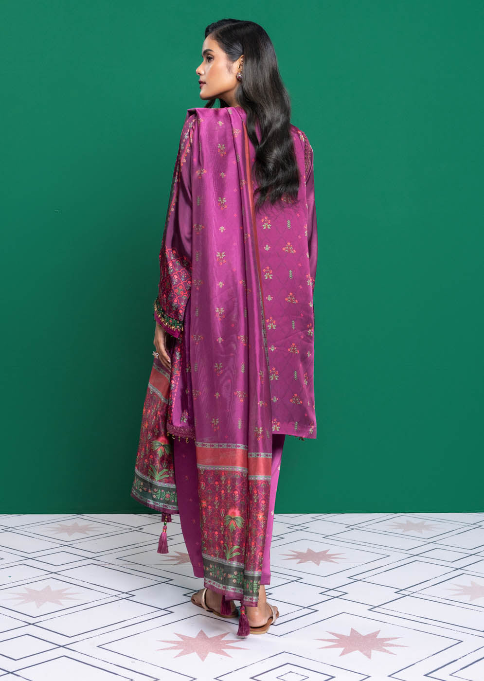 Three Piece Embroidered Chamois Silk Suit With Tissue Silk Dupatta