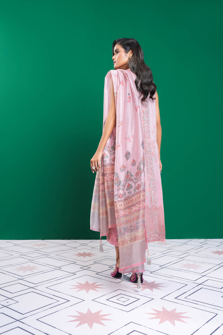 Three Piece Printed Chamois Silk Suit With Tissue Silk Dupatta