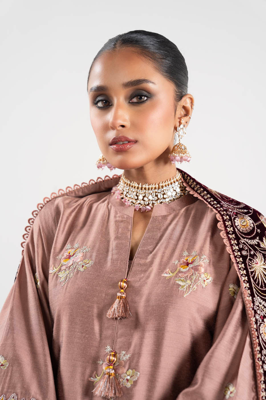 3 Pc Embroidered Yarn Dyed Silk Suit With Velvet Shawl