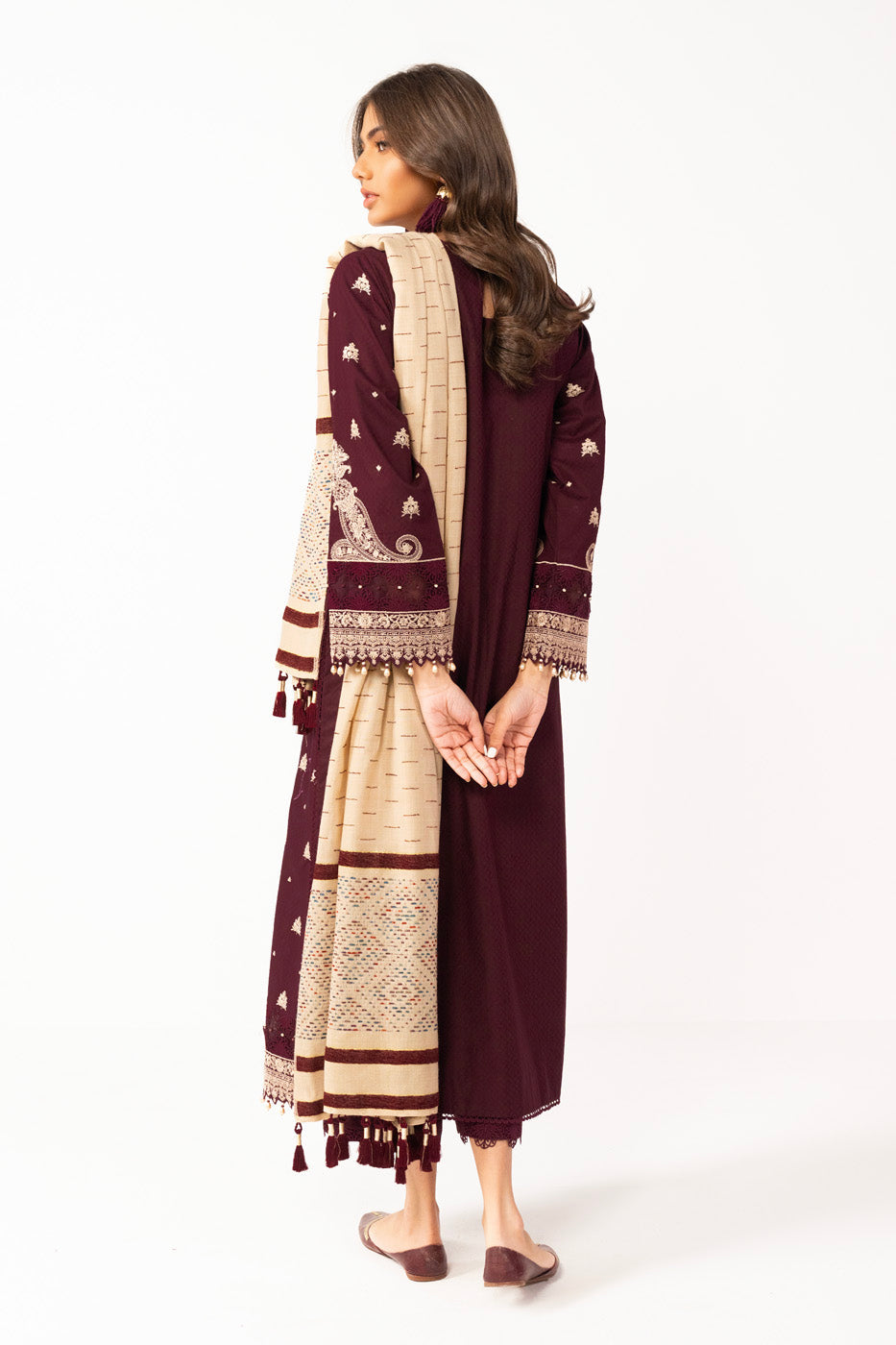 3 Pc Embroidered Dobby Suit With Woven Shawl