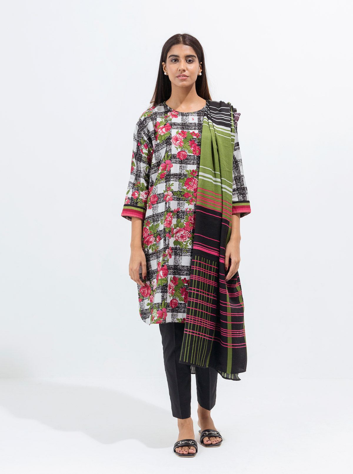 Beechtree - Floral Grid-Printed With Shawl-3P