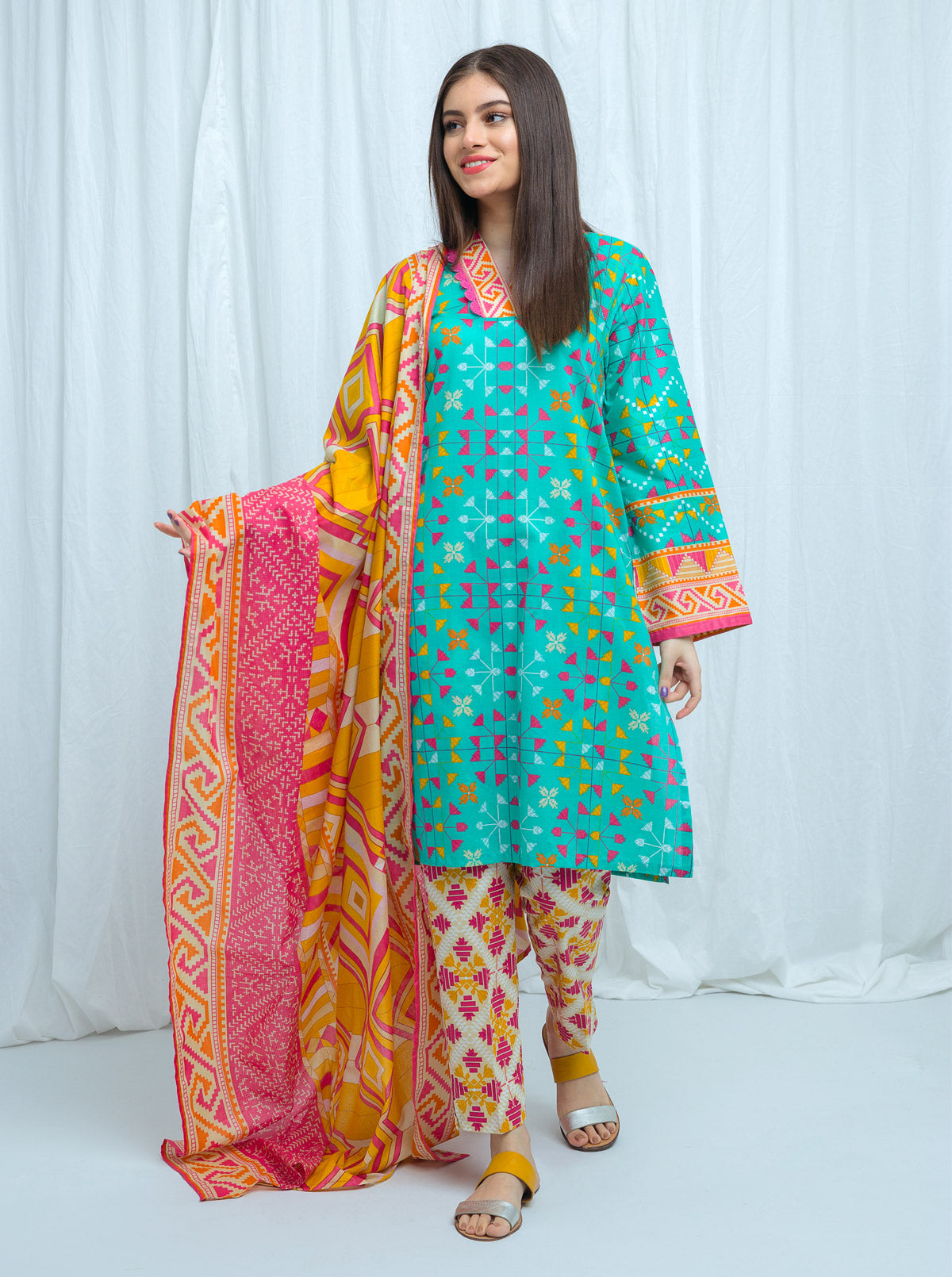 Beechtree - Turquoise Twist-Printed-3P (UNSTITCHED)