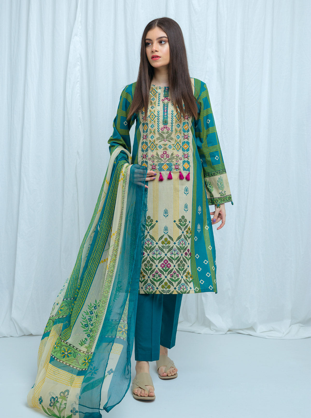 Beechtree - Vintage Teal-Embroidered-3P (UNSTITCHED)