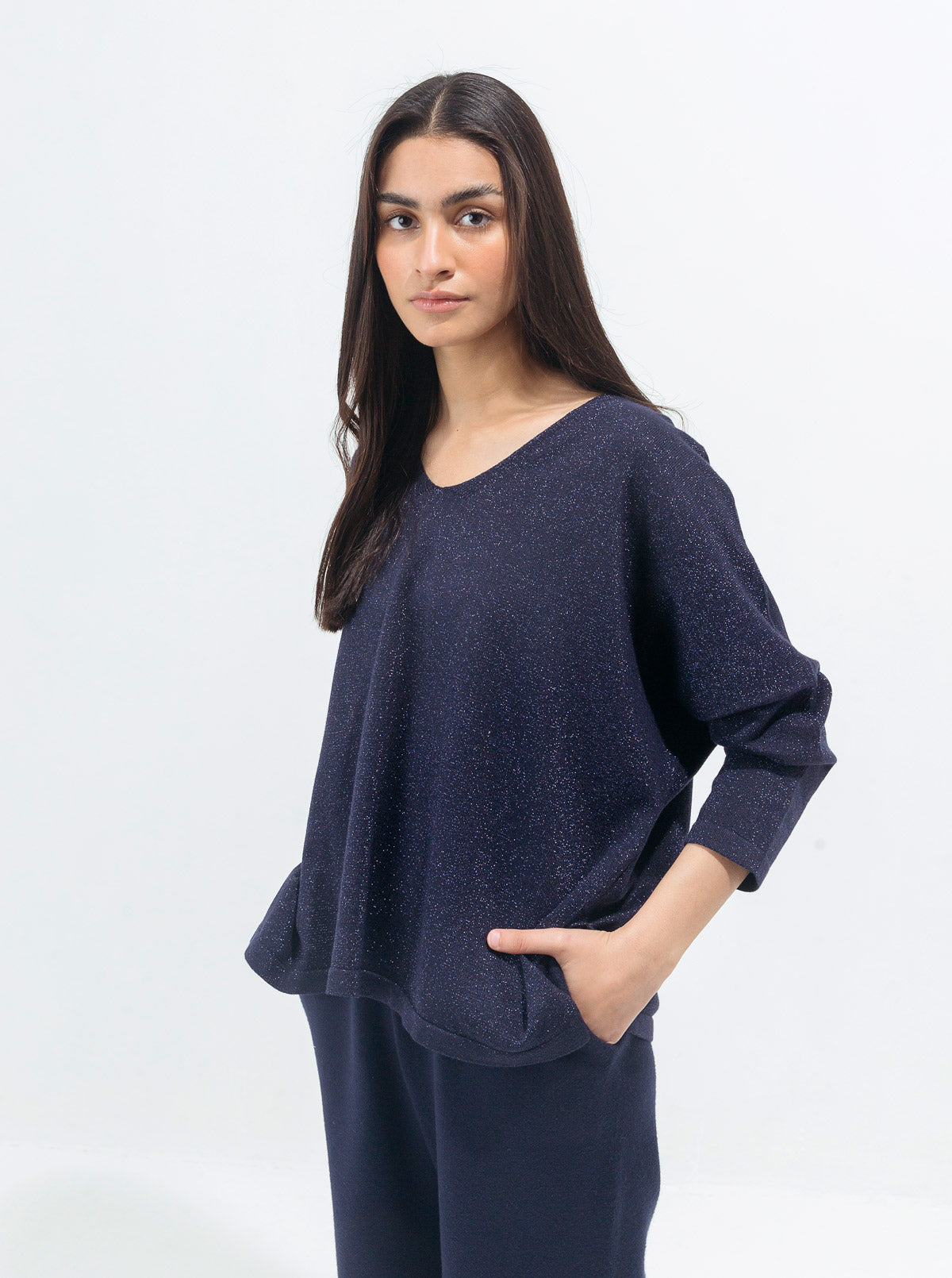 Beechtree - Navy Shimmer Fine Knit Top