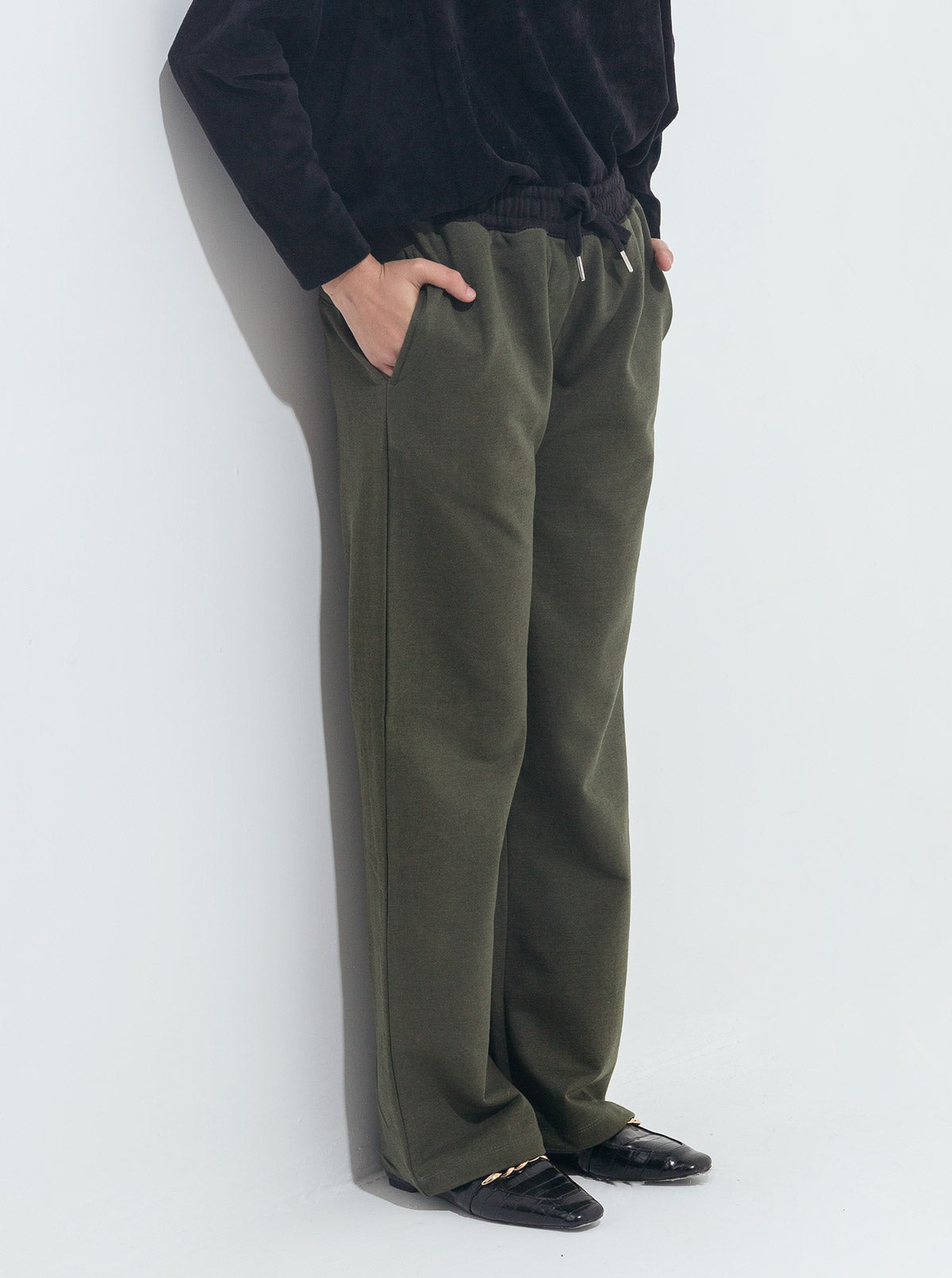 Beechtree - Olive Green Contrast Waist-Belt Fleece Pants