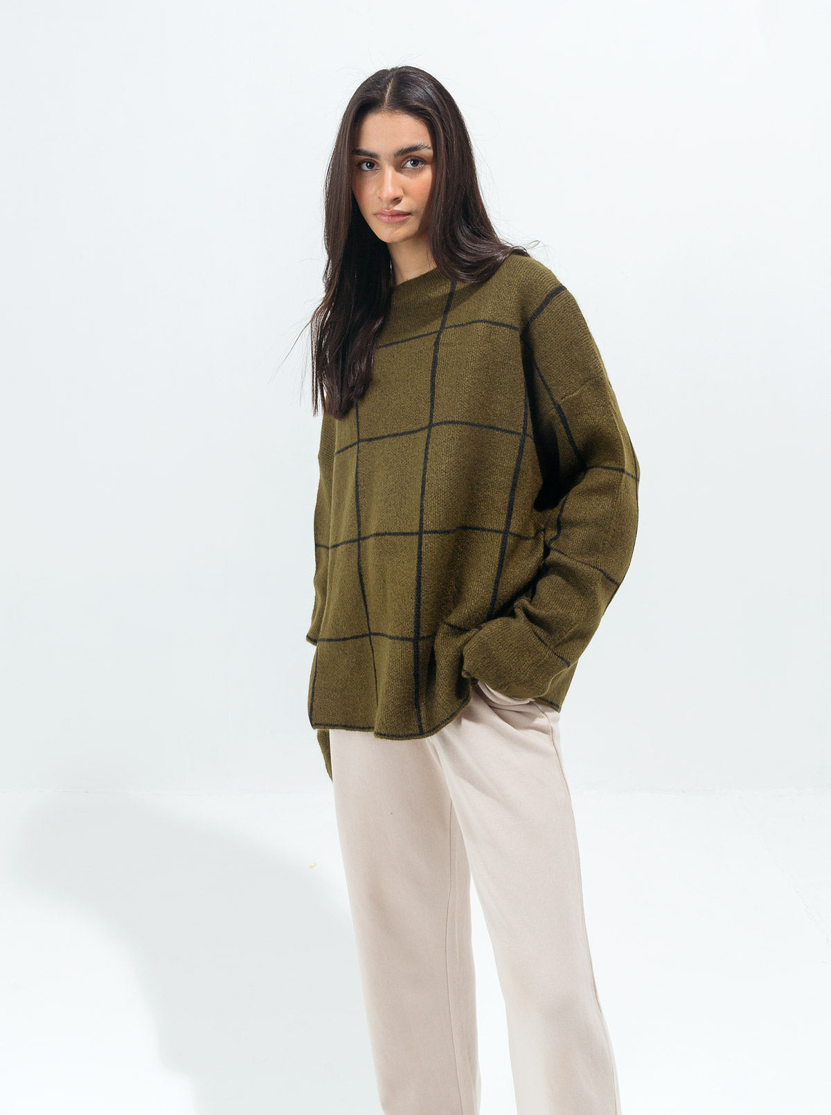 Beechtree - Olive Green Contrast Grid Pullover