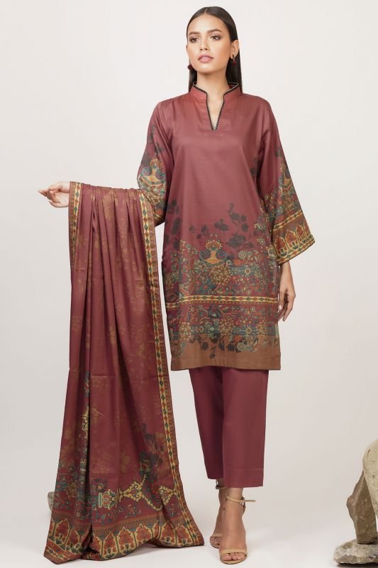 3 Pc Printed Cotton Satin Suit
