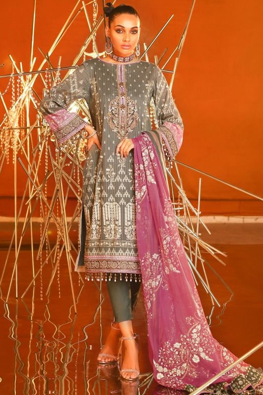 3 Piece Embroidered Suit With Printed Chiffon Dupatta