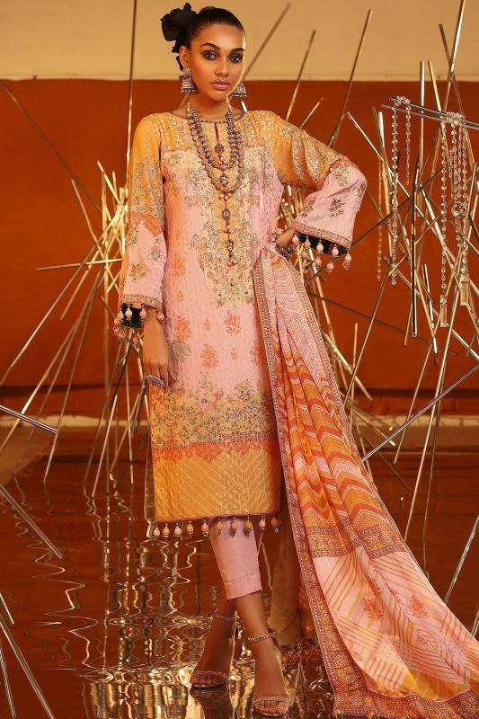3 Piece Embroidered Suit With Digital Silk Dupatta