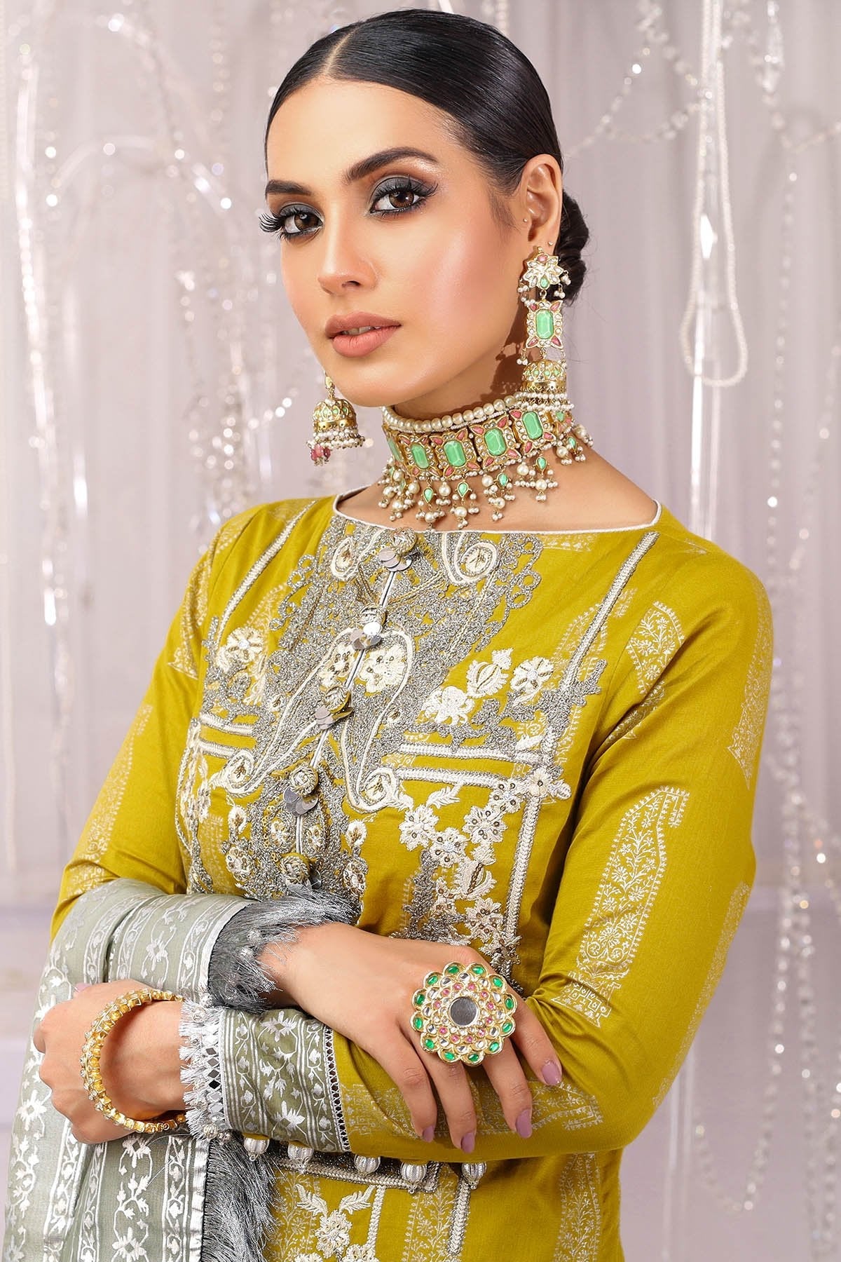 Alkaram - Two Piece Embroidered Foil Cotton Satin Shirt With Foil Chiffon Dupatta