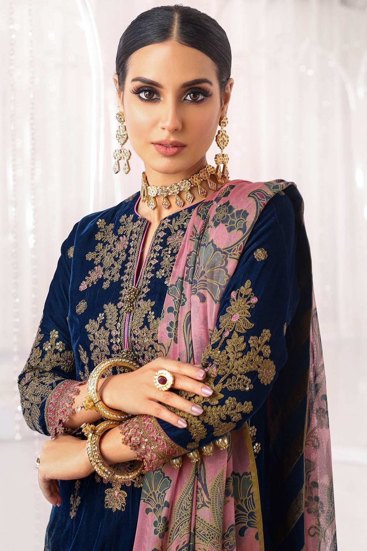 Alkaram - Two Piece Embroidered Velvet Shirt With Printed Silk Dupatta