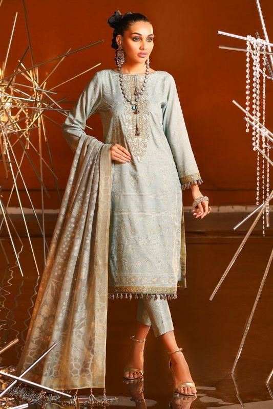 2 Piece Embroidered Suit With Burnout Dupatta