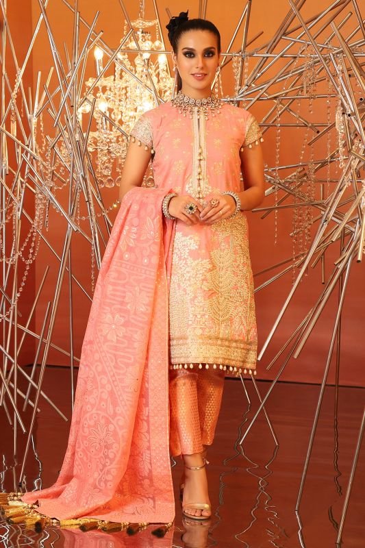 2 Piece Embridered Suit With Burnout Dupatta