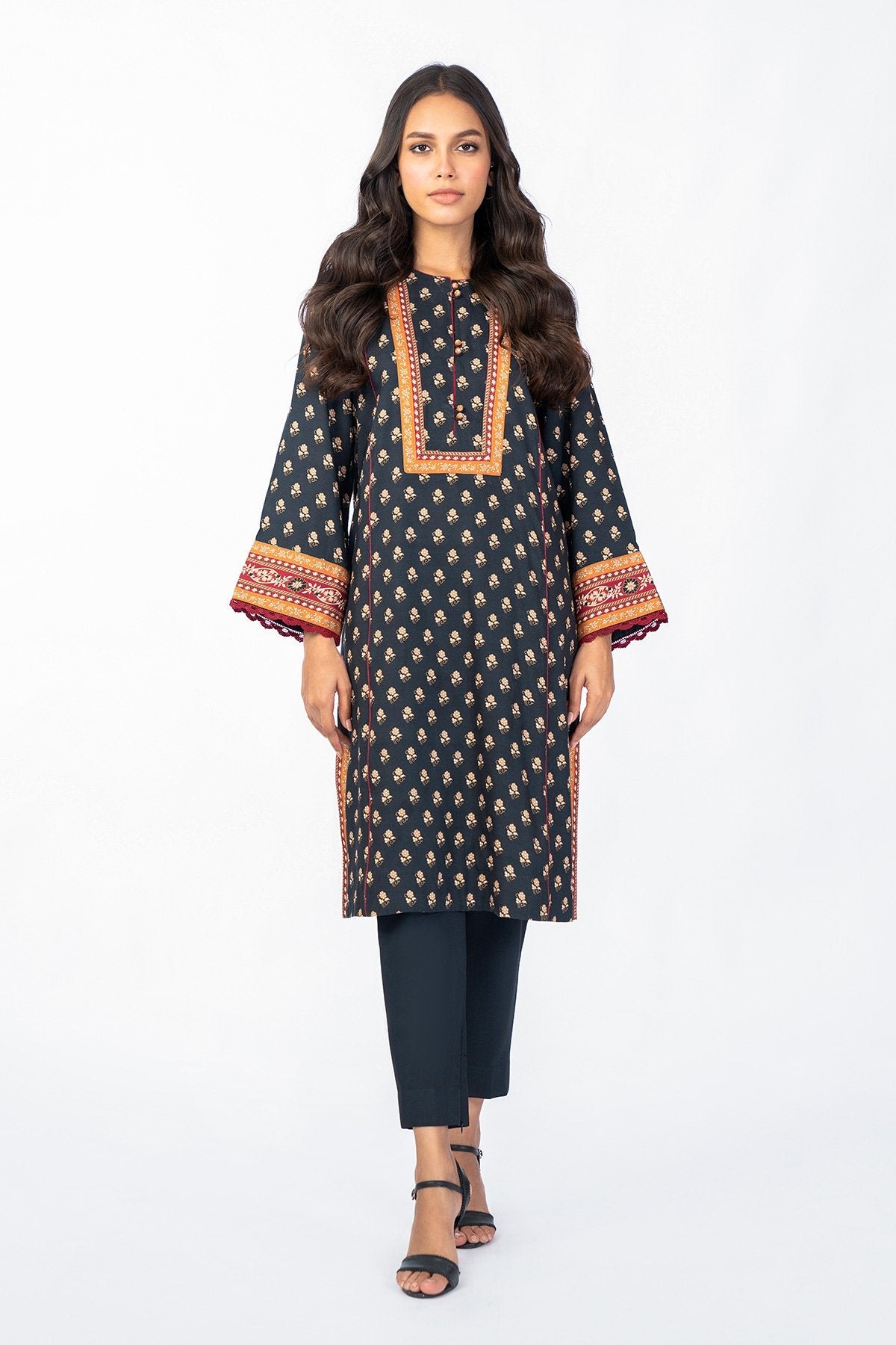 3 Pc Printed Corduroy Suit With Net Dupatta