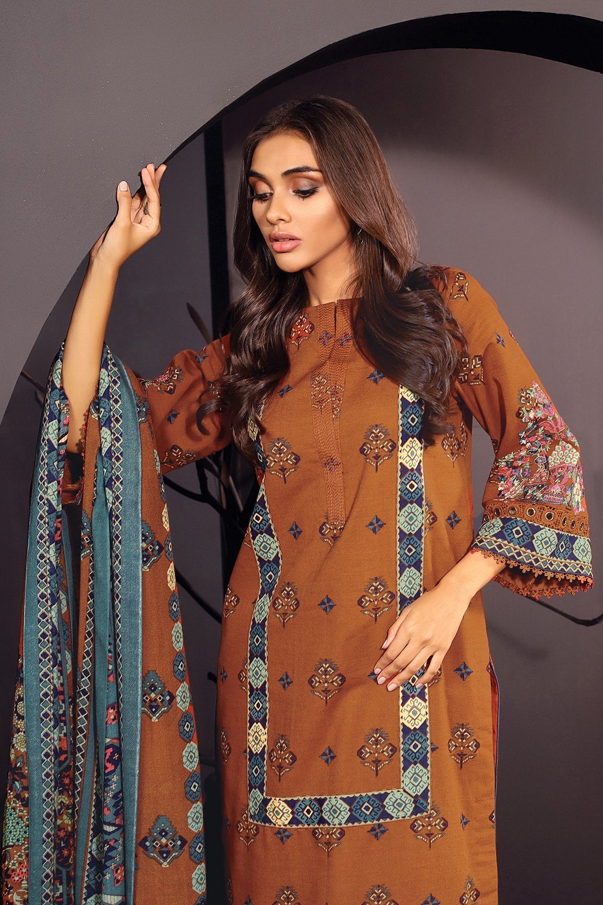 Alkaram - Three Piece Embroidered Khaddar Suit With Printed Shawl