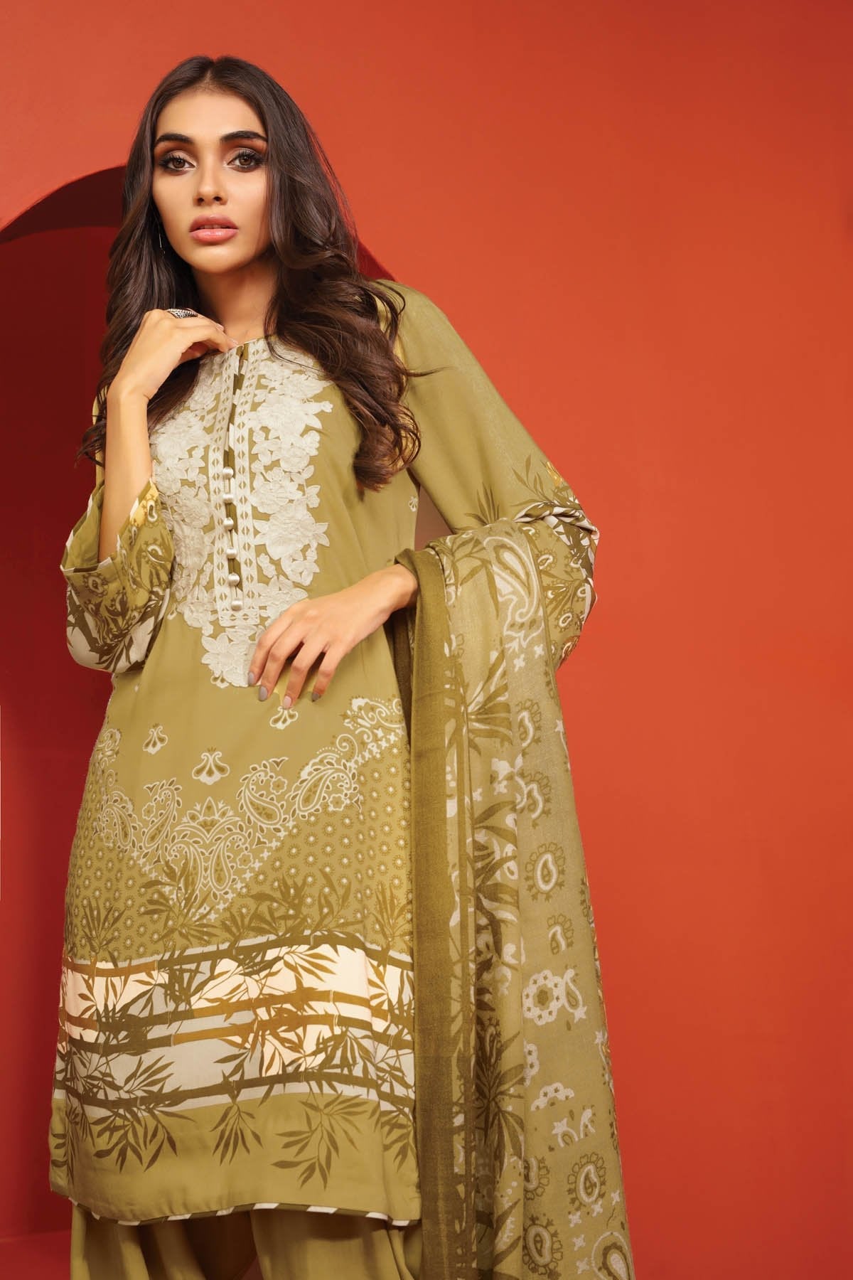 Alkaram - Three Piece Embroidered Twill Suit With Printed Shawl
