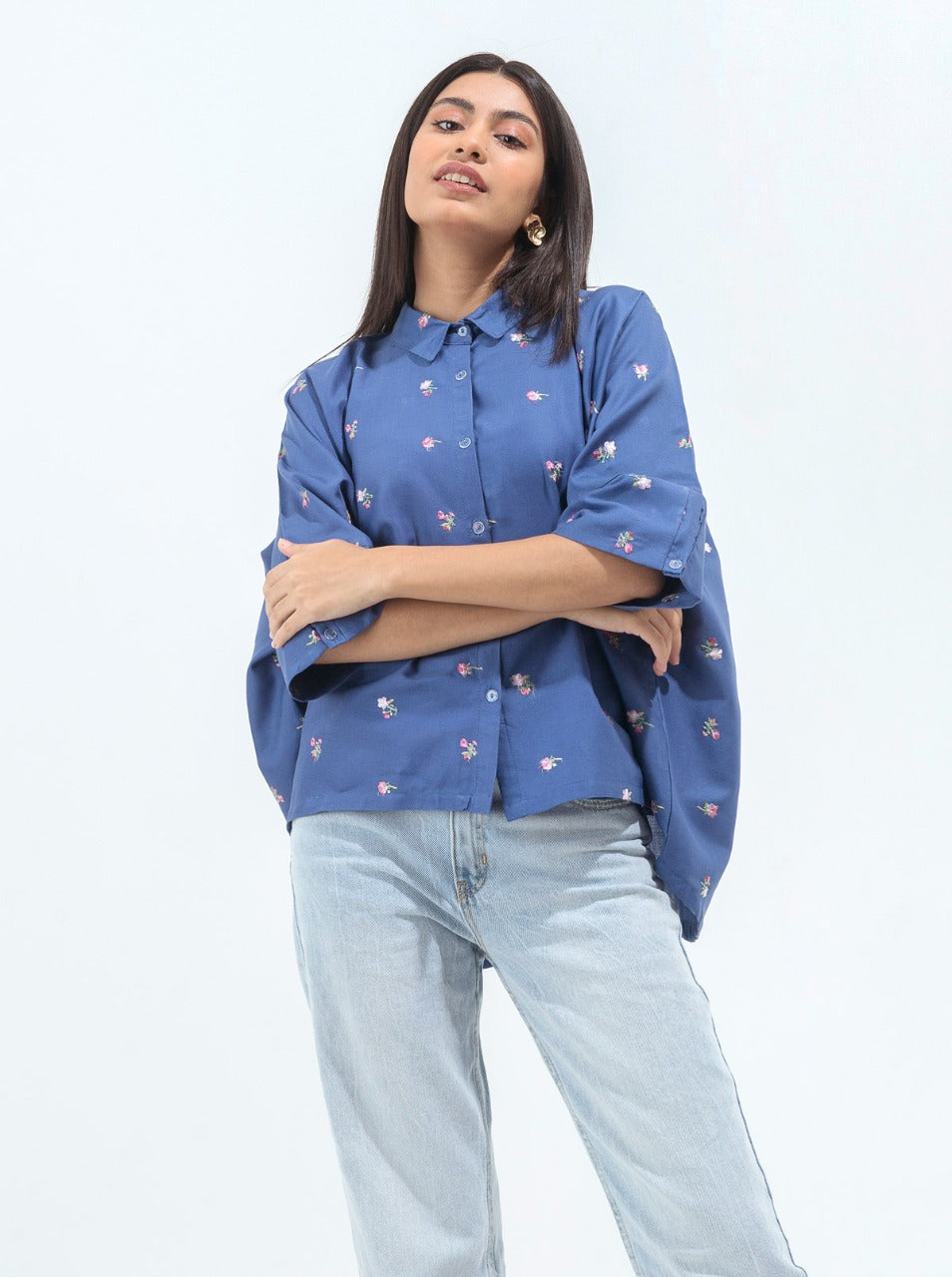 Beechtree - Blue Floral Embroidered Boxy Shirt
