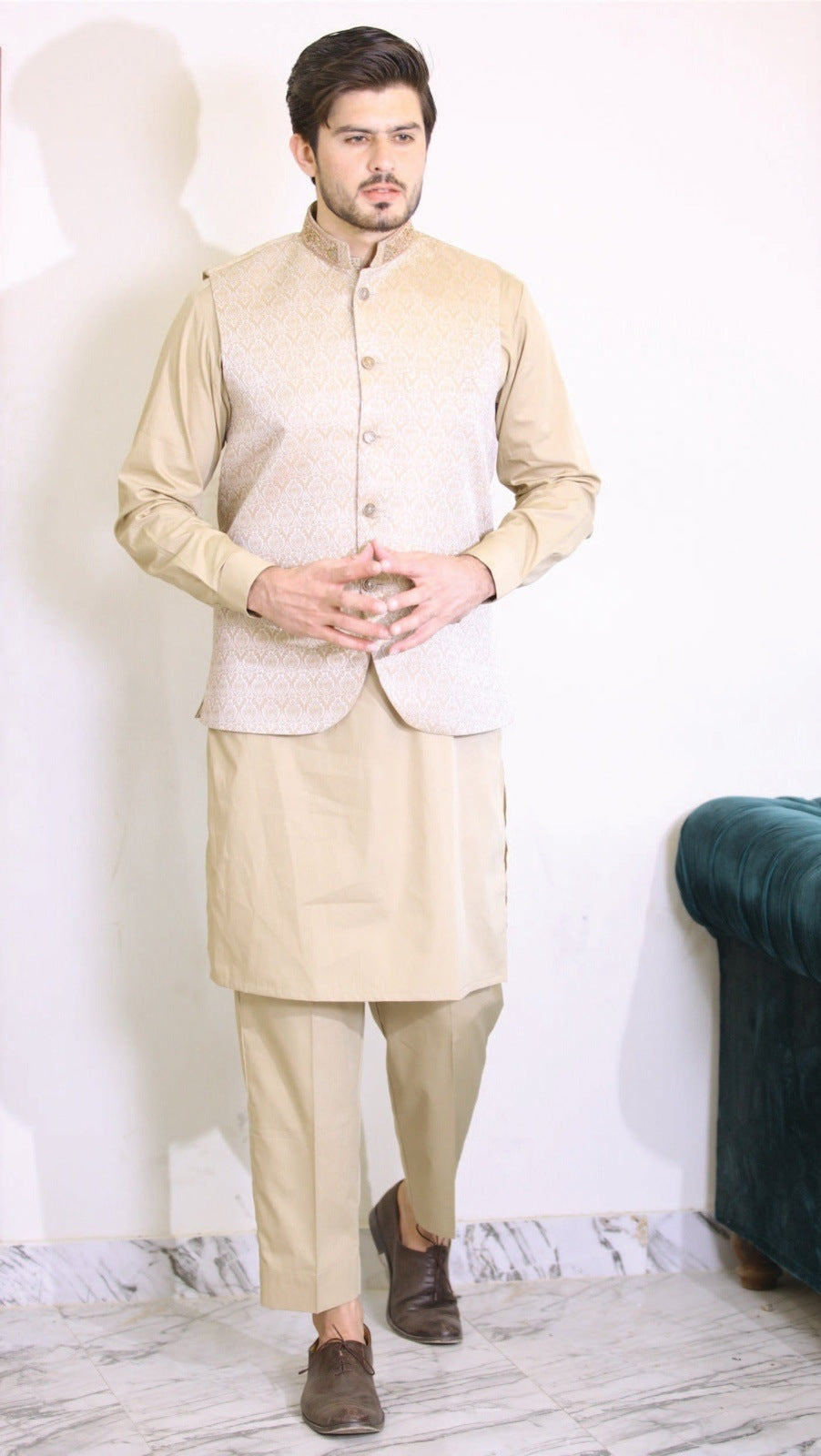 Bareeq Outfits - Beige Embroidered Waist Coat
