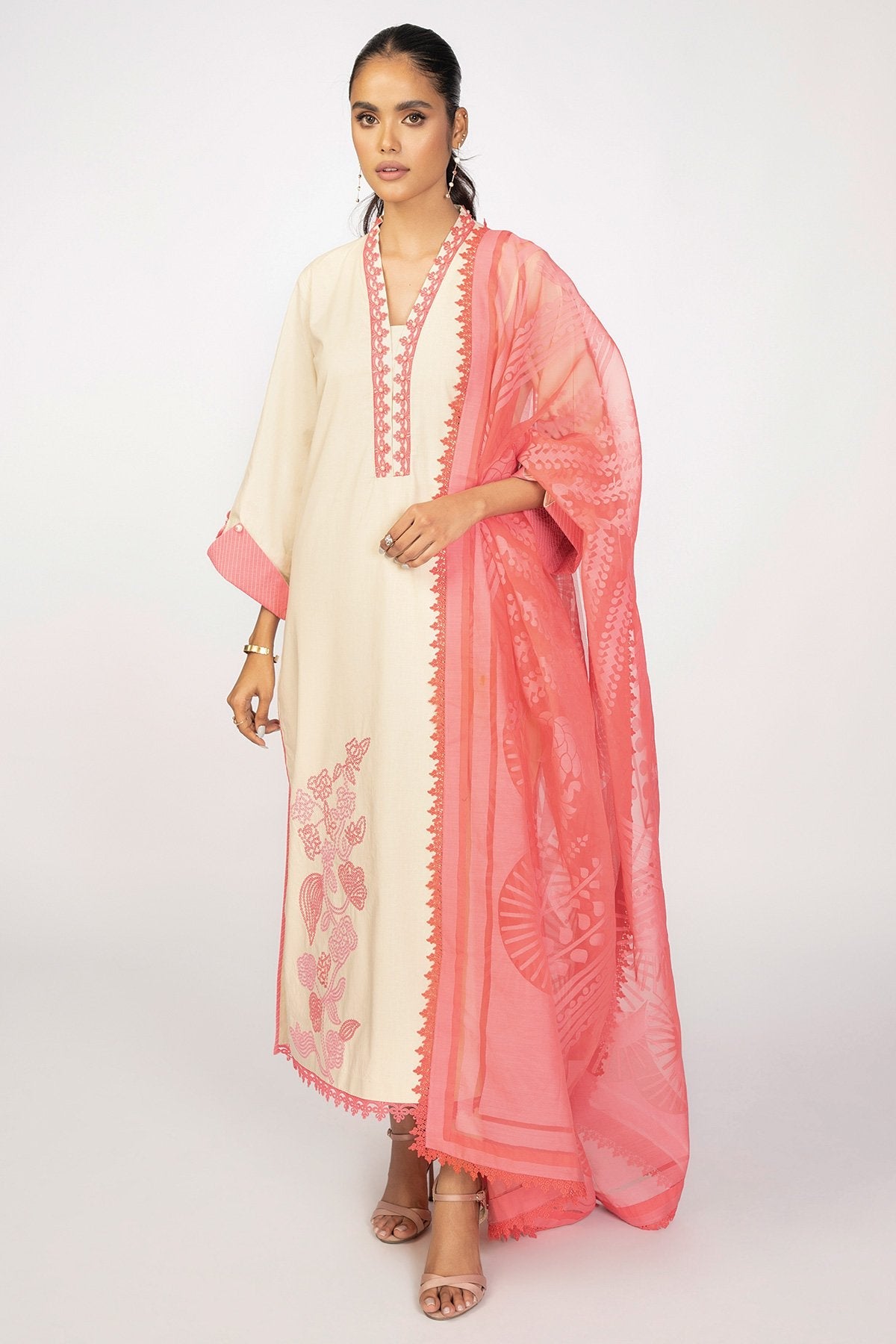 3 Pc Embroidered Cambric Suit With Organza Dupatta