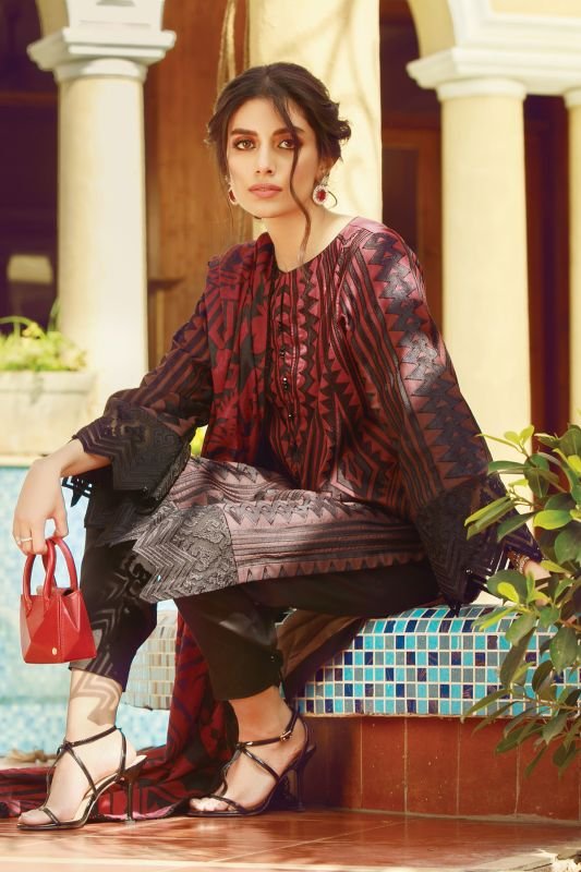 3 Pc Embroidered Cotton Satin Suit